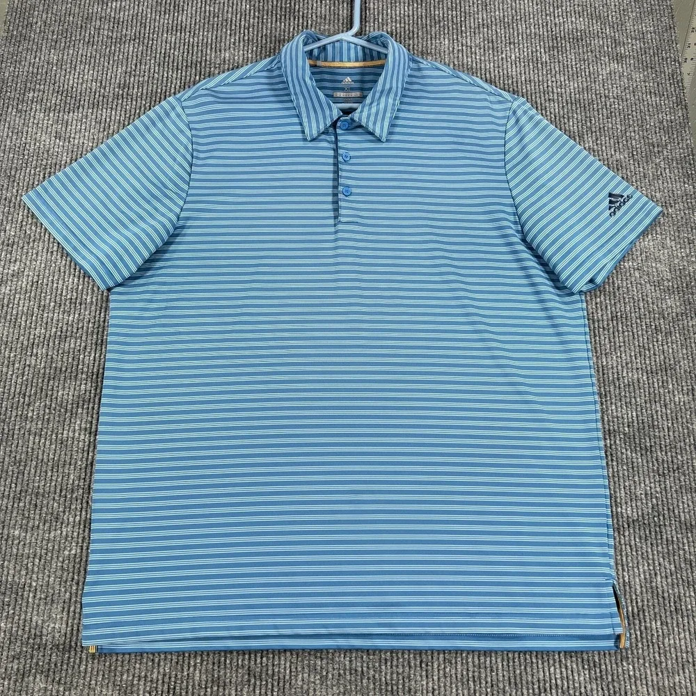 Adidas Polo Shirt Mens XL Extra Large Blue‎ Striped Golf Performance Outdoor